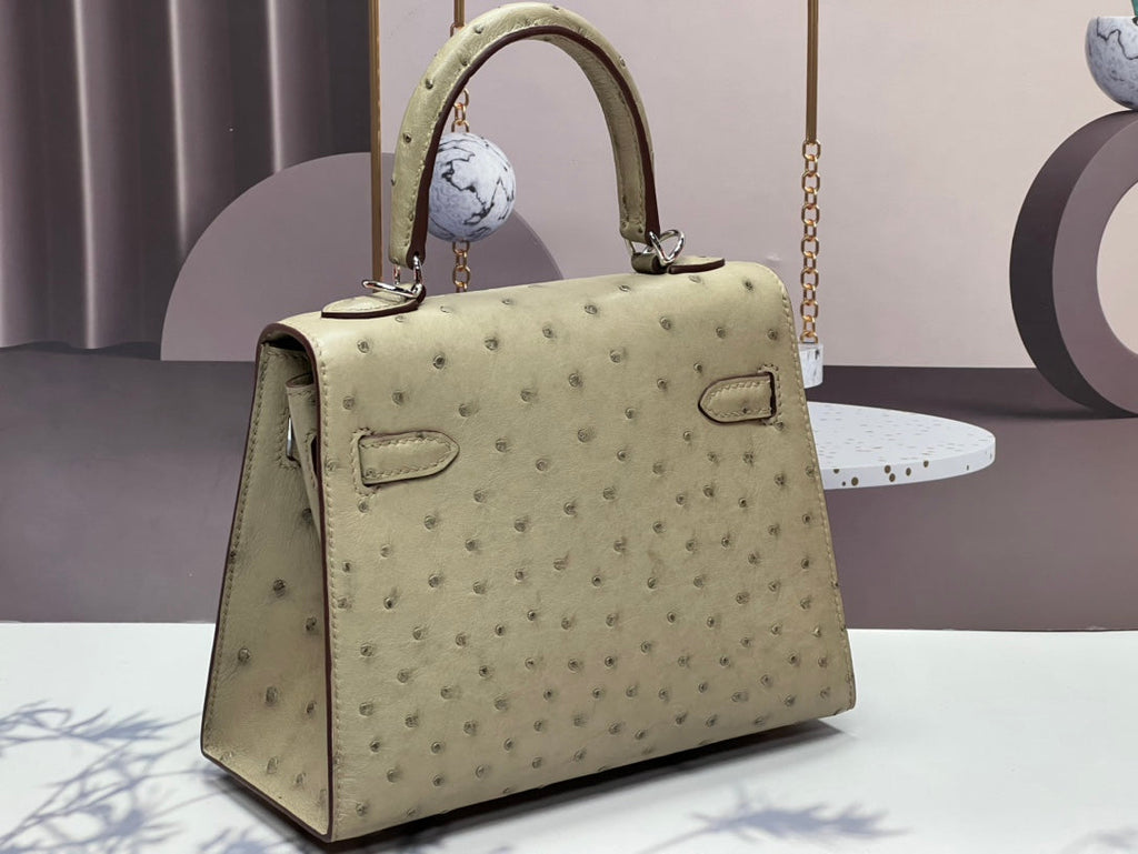 KELLY BAG 20 IN KHAKI TAN OSTRICH LEATHER WITH SILVER HARDWARE (MADE-TO-ODER)