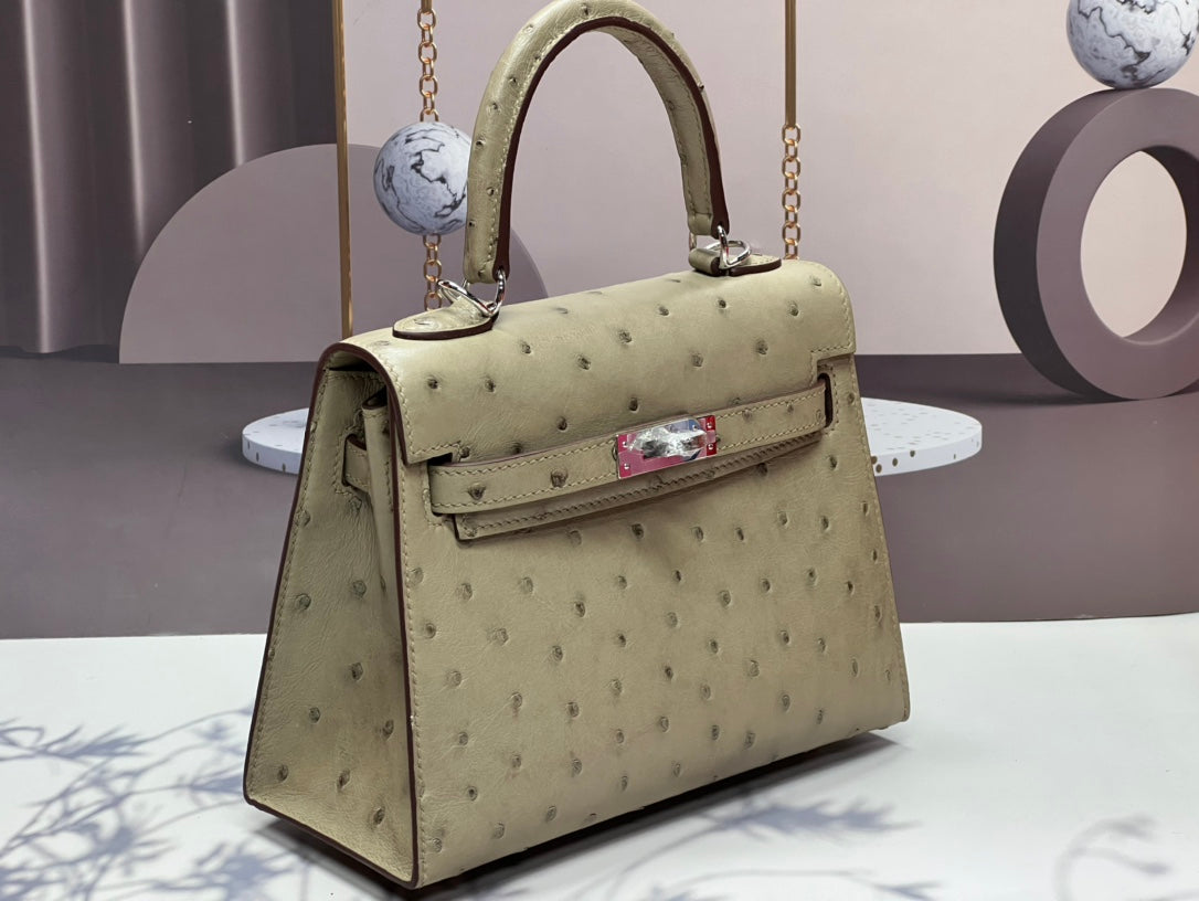 ケリーバッグ 20 カーキタン オーストリッチレザー シルバー金具付き (オーダーメイド)