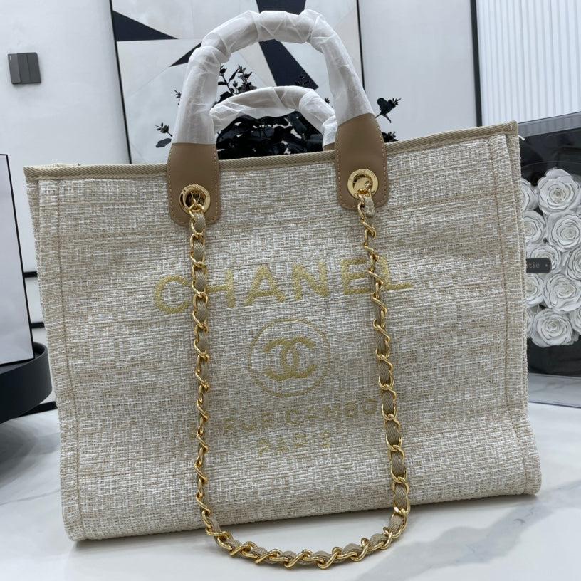 CC DEAUVILLE ラージ 38 トートバッグ ベージュ キャンバス ゴールド金具