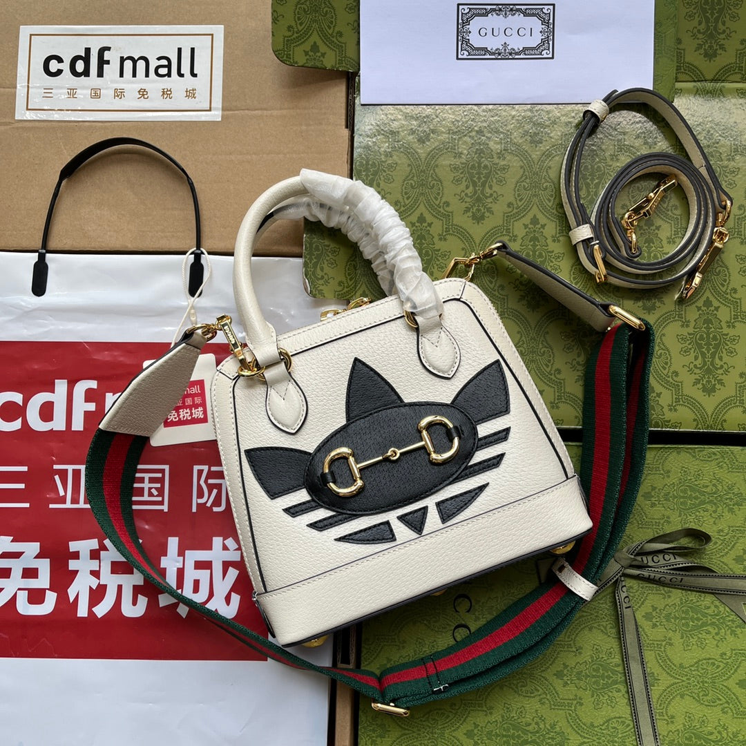 GGxADIDAS ホースビット 1955 トートバッグ 20 ウェブストラップ付き ホワイトミックスブラックカーフスキン ゴールド金具