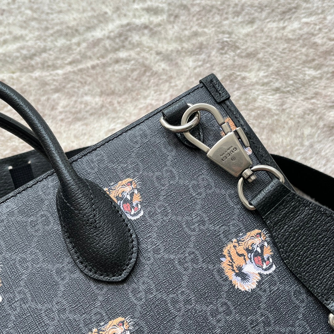 タイガープリント ミディアム トートバッグ 38 ブラック キャンバス＆レザートリム