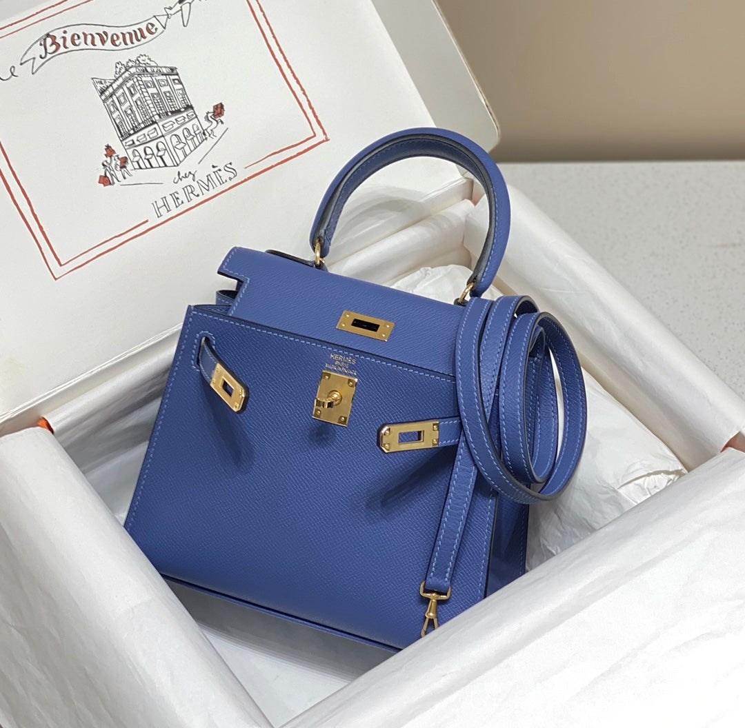 KELLY MINI 20 BAG IN AZURE BLUE CALFSKIN WITH GOLD HARDWARE (MADE-TO-ODER)