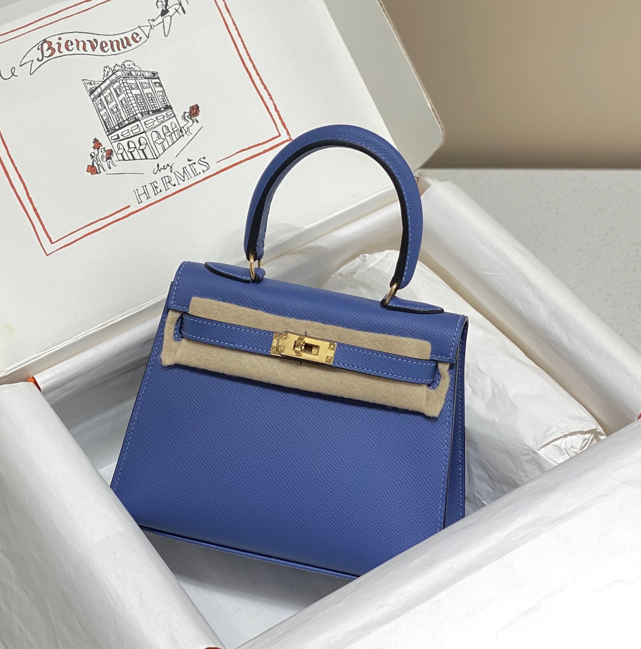 KELLY MINI 20 BAG IN AZURE BLUE CALFSKIN WITH GOLD HARDWARE (MADE-TO-ODER)