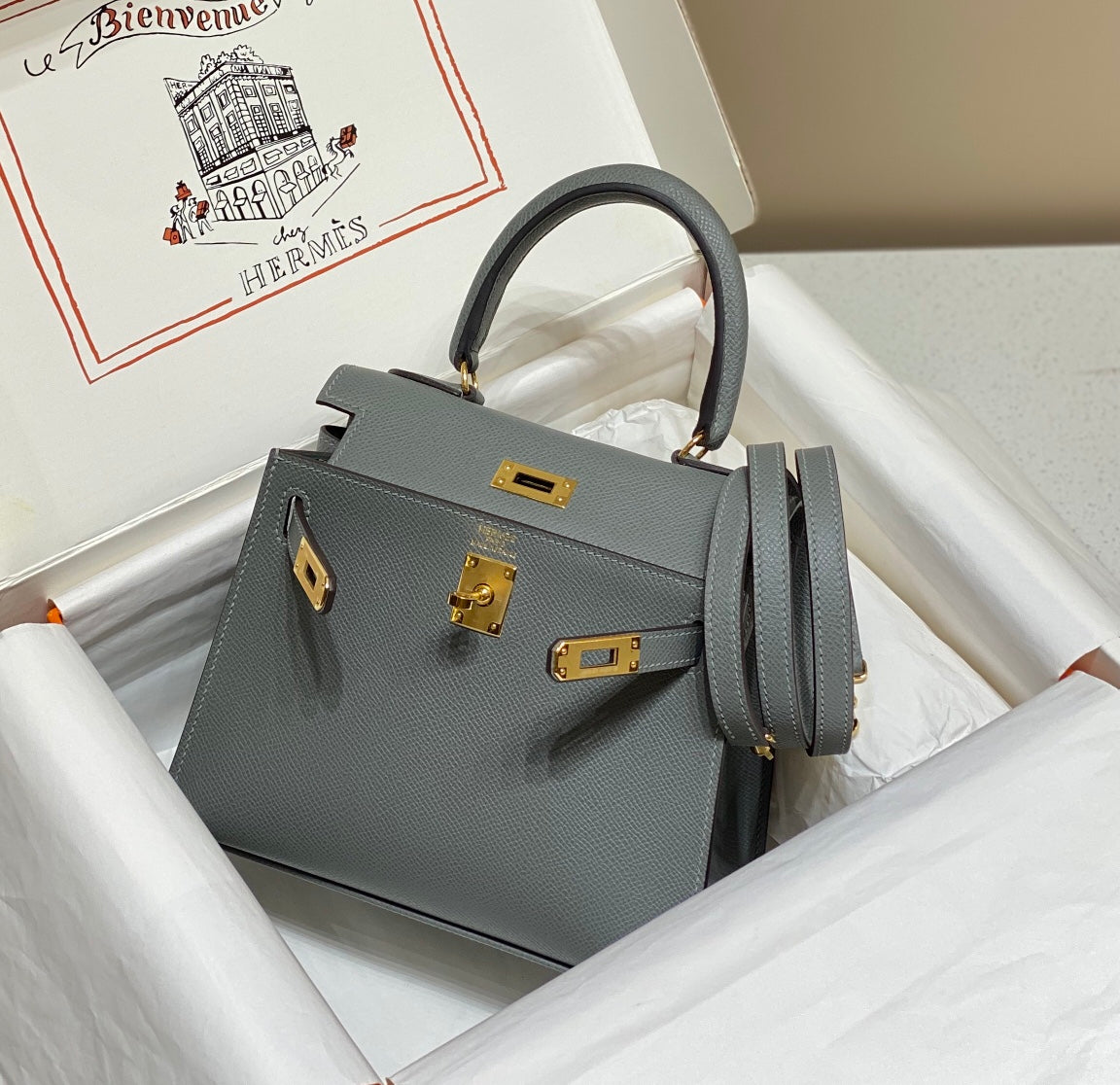KELLY MINI 20 BAG IN SHARK GRAY CALFSKIN WITH GOLD HARDWARE (MADE-TO-ODER)