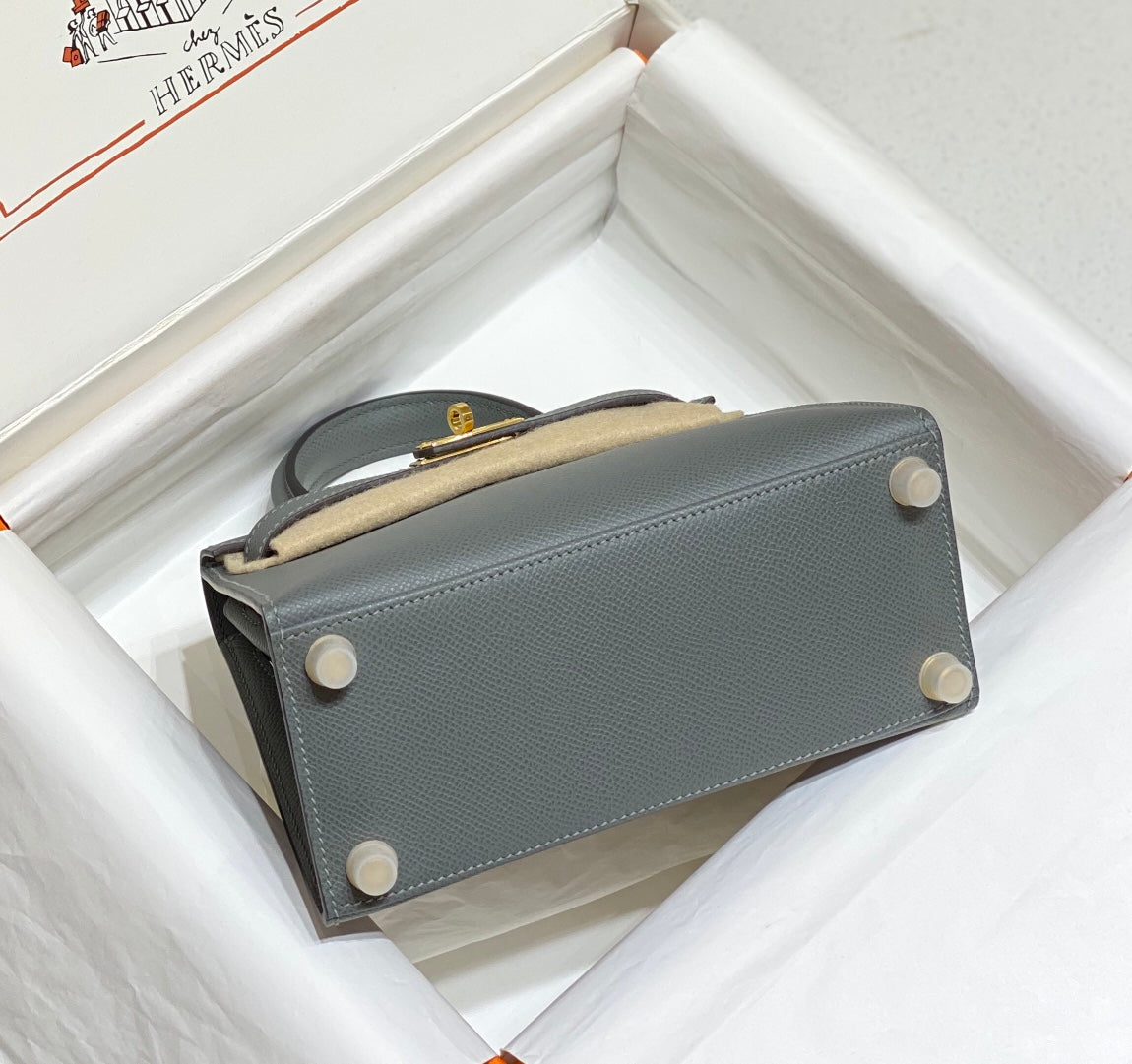 KELLY MINI 20 BAG IN SHARK GRAY CALFSKIN WITH GOLD HARDWARE (MADE-TO-ODER)