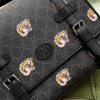 TIGER PRINT MESSENGER BAG 28 IN BLACK CANVAS AND LEATHER TRIM