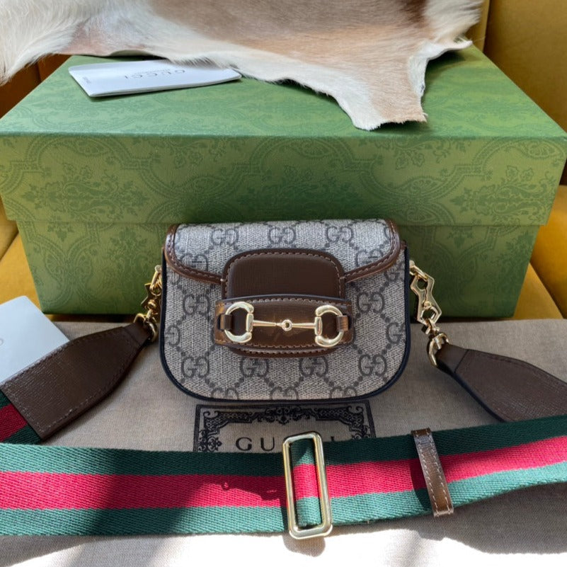 GG 12 ホースビット 1955 スーパーミニバッグ ベージュキャンバス＆エボニーカーフスキン