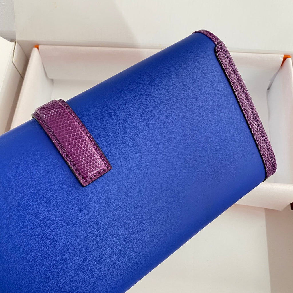 JIGE ELAN 29 CLUTCH IN COBALT BLUE CALFSKIN WITH VIOLET PURPLE LIZARD SKIN (MADE-TO-ODER)