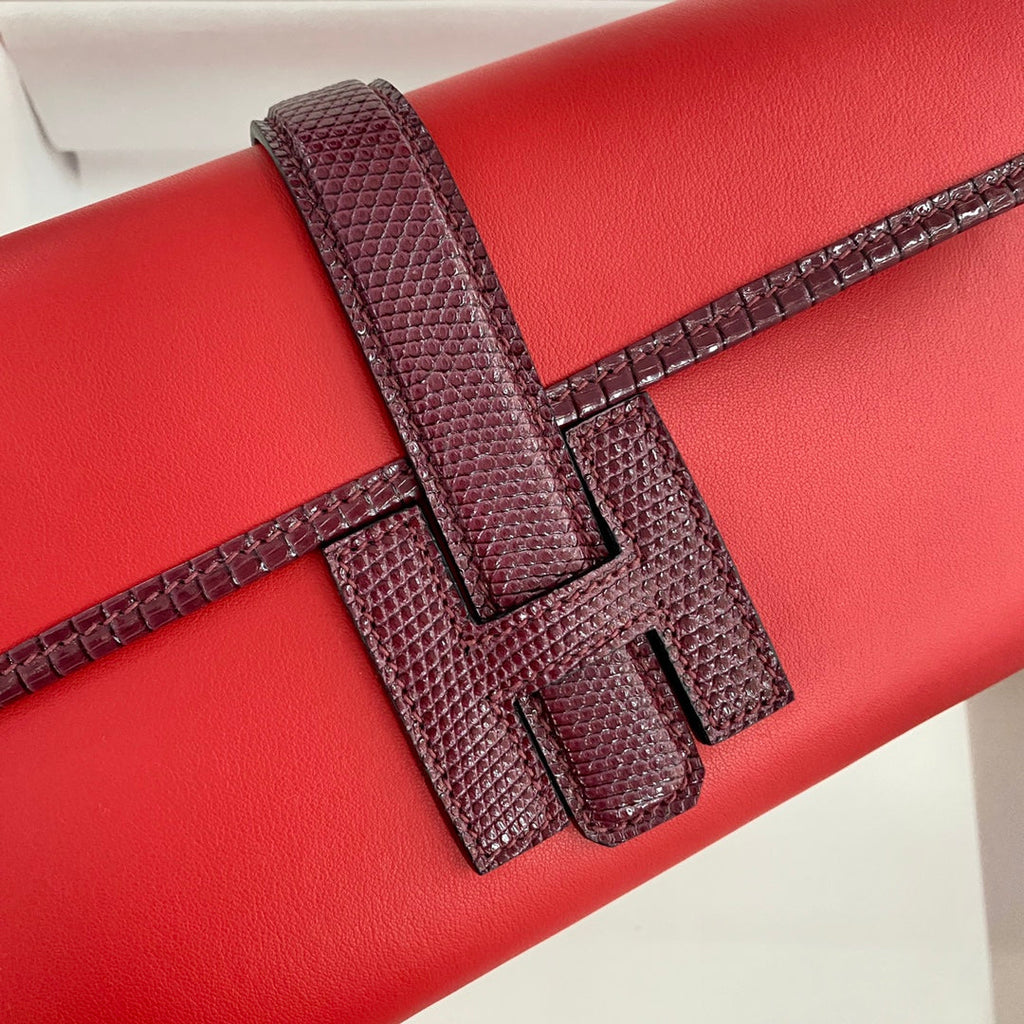 JIGE ELAN 29 クラッチバッグ（キャンディレッドカーフスキン、ワインレッドリザードスキン使用）（オーダーメイド）