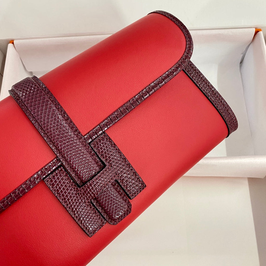 JIGE ELAN 29 クラッチバッグ（キャンディレッドカーフスキン、ワインレッドリザードスキン使用）（オーダーメイド）