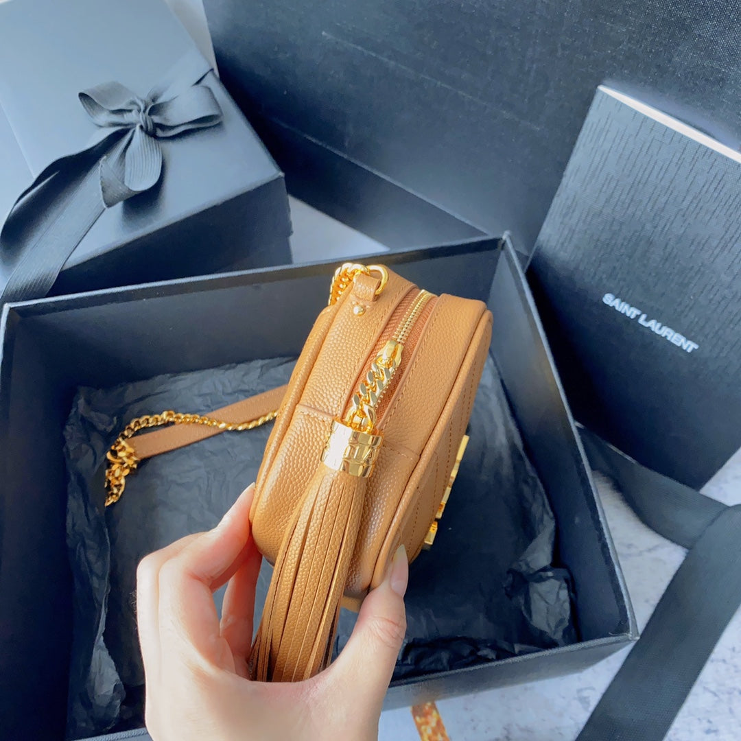 LOU MINI CAMERA BAG 19 IN MANGO ORANGE CAVIAR PATTERN CALFSKIN GOLD HARDWARE