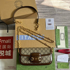 GG HORSEBIT 1955 BAG 24 IN BEIGE CANVAS AND BROWN CALFSKIN