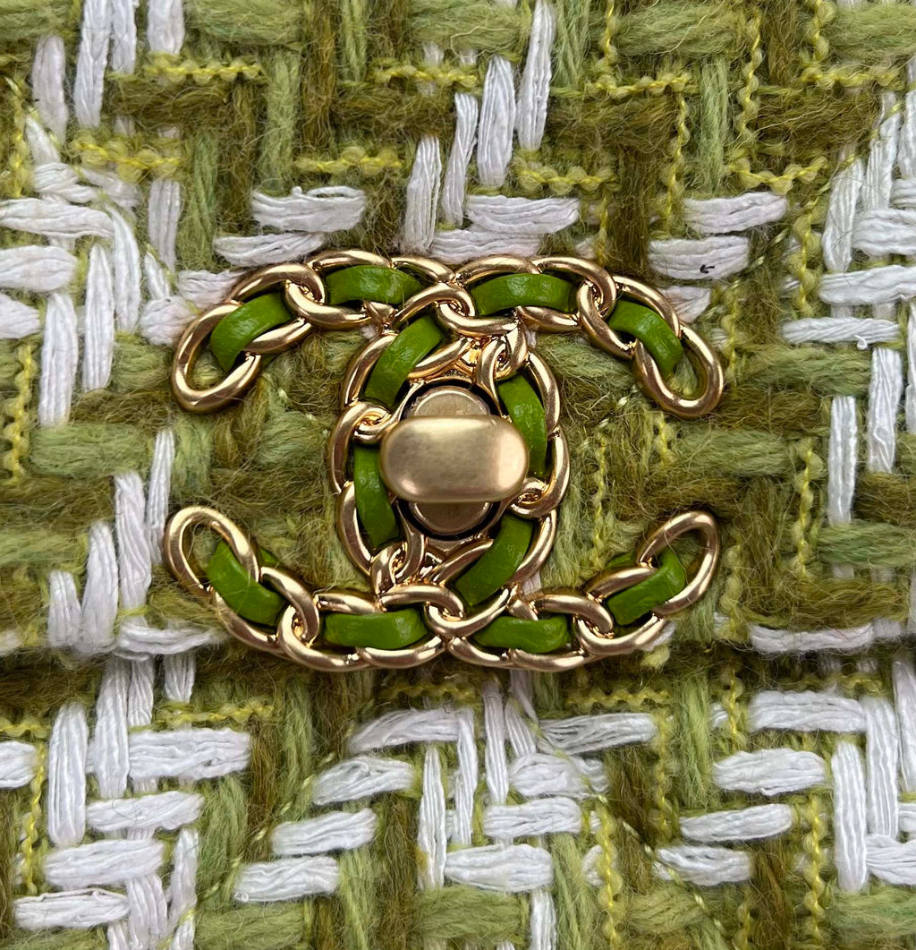 スモールフラップバッグ 26インチ ライトグリーンミックスホワイトツイード シルバー＆ゴールドチェーン