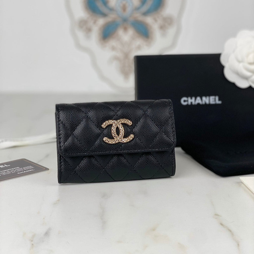 CCフラップカードホルダー 11 ブラック グレインカーフスキン ゴールドアイコン