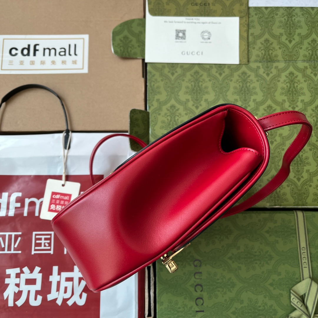 乗馬スタイル ショルダーバッグ 21インチ レッドミックス ブラック カーフスキン ゴールド金具