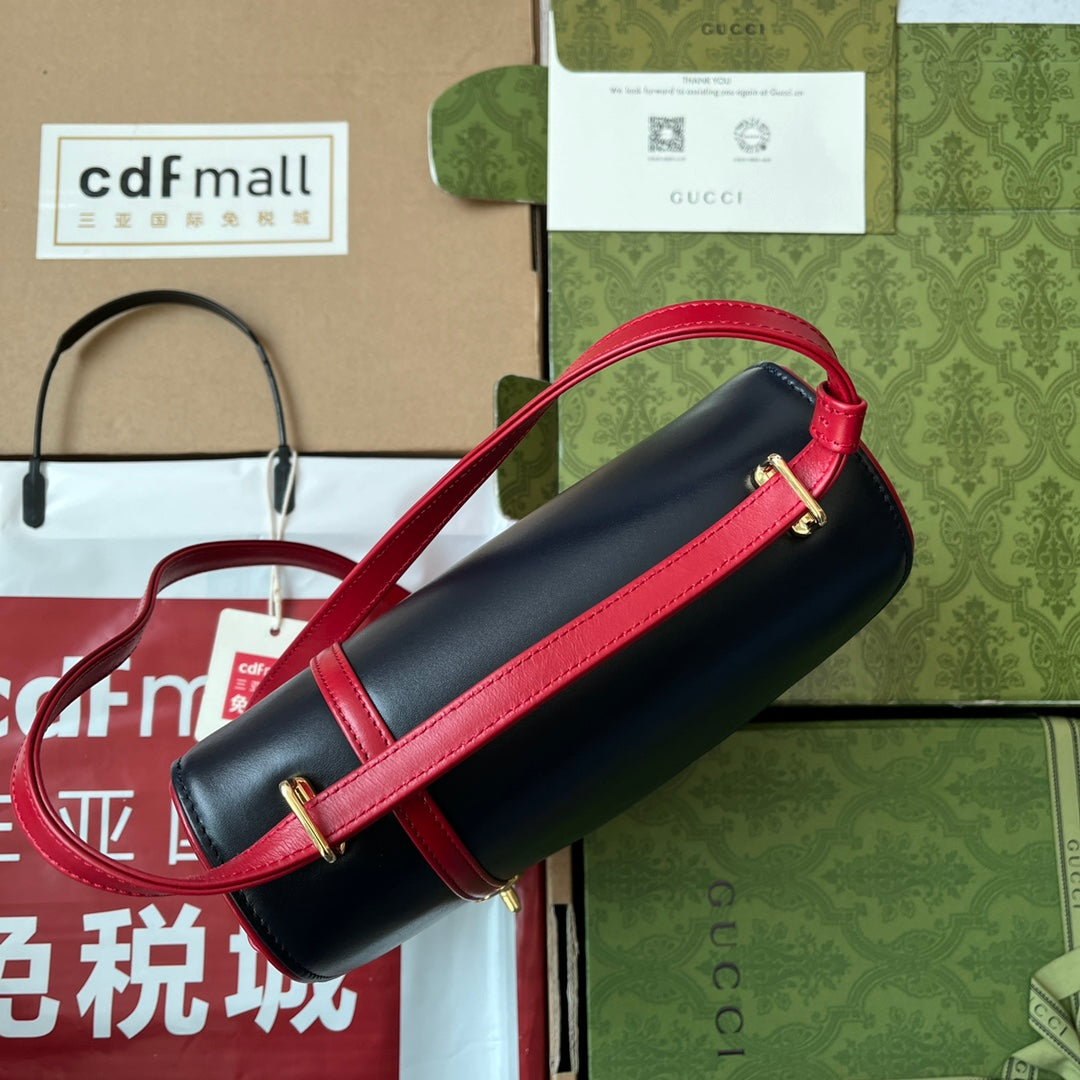 乗馬スタイル ショルダーバッグ 21インチ レッドミックス ブラック カーフスキン ゴールド金具