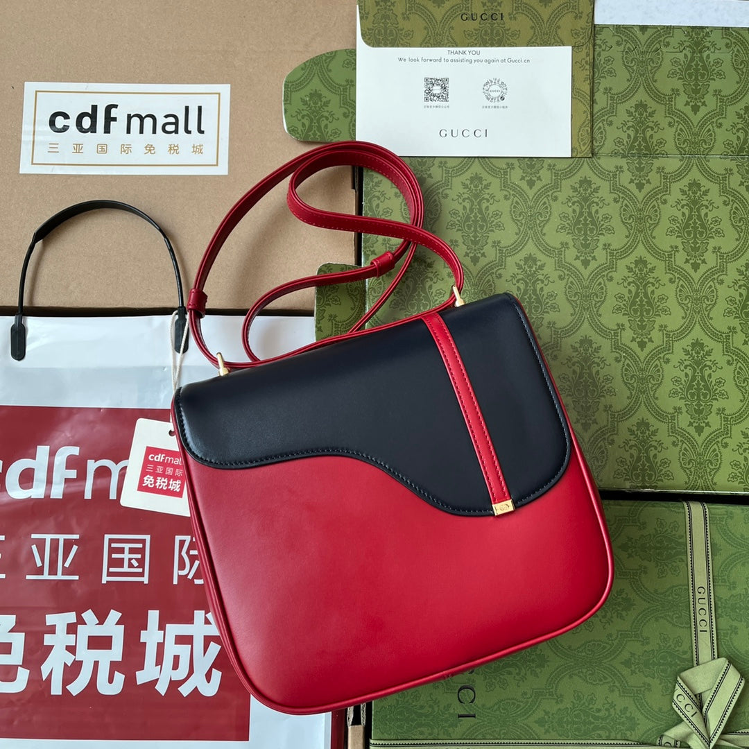 乗馬スタイル ショルダーバッグ 21インチ レッドミックス ブラック カーフスキン ゴールド金具