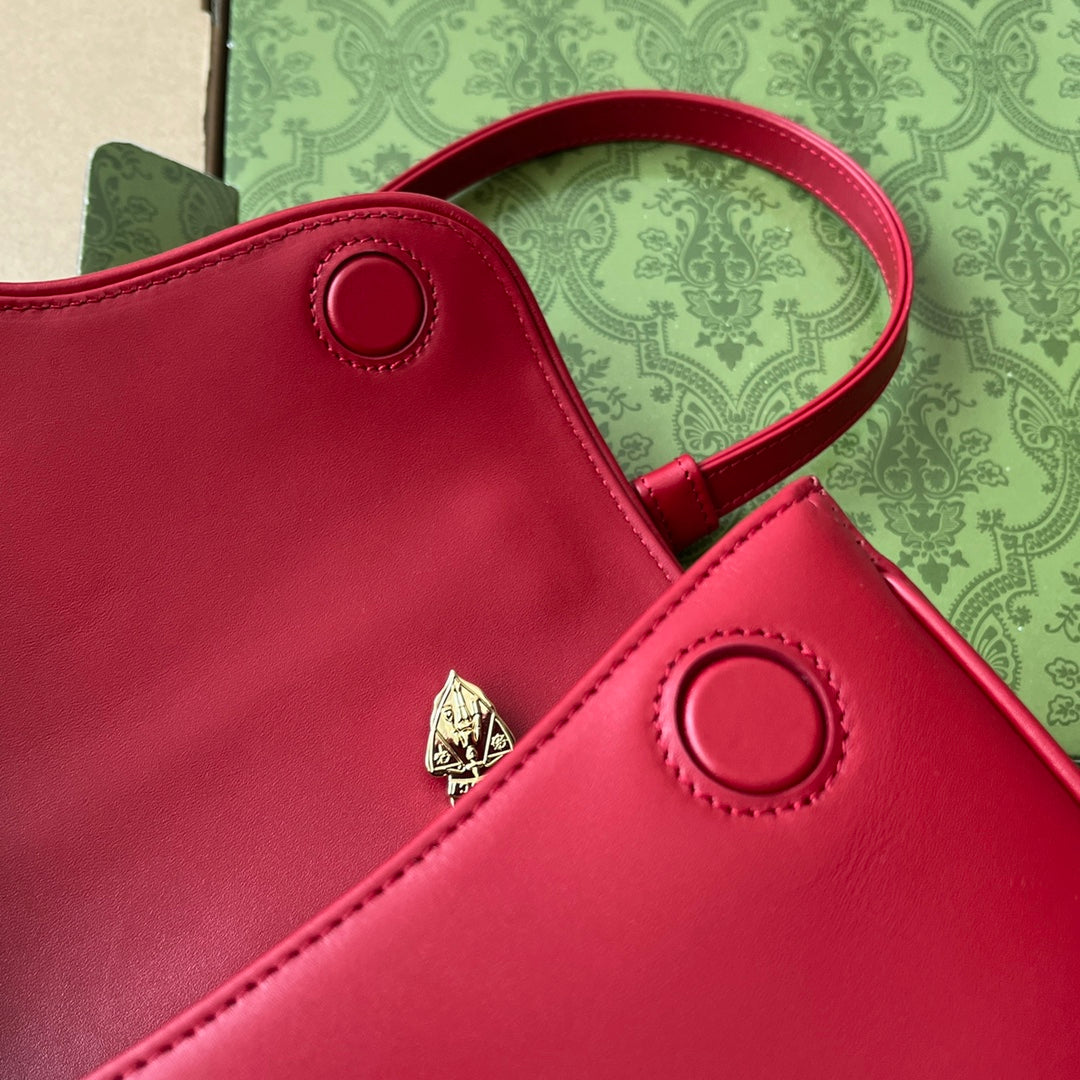 乗馬スタイル ショルダーバッグ 21インチ レッドミックス ブラック カーフスキン ゴールド金具