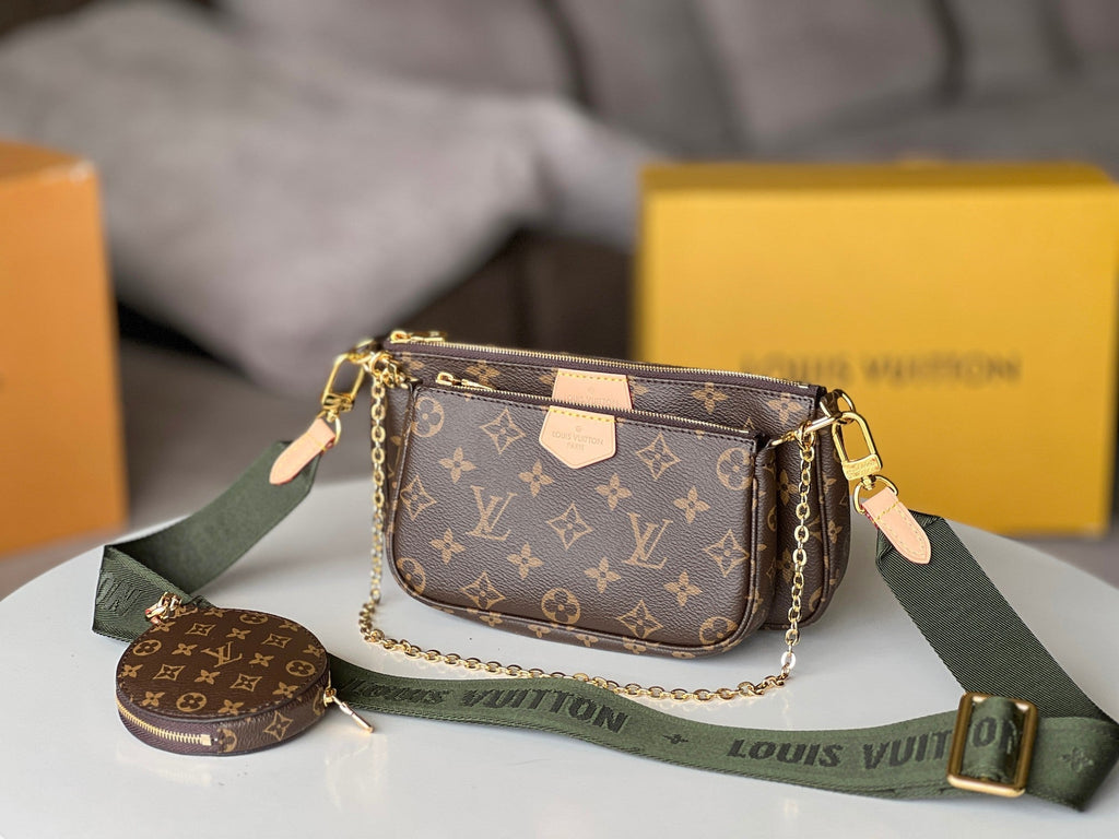 LV 25S MULTI POCHETTE ACCESSOIRES 25 IN BROWN MONOGRAM COATED CANVAS GREEN STRAP