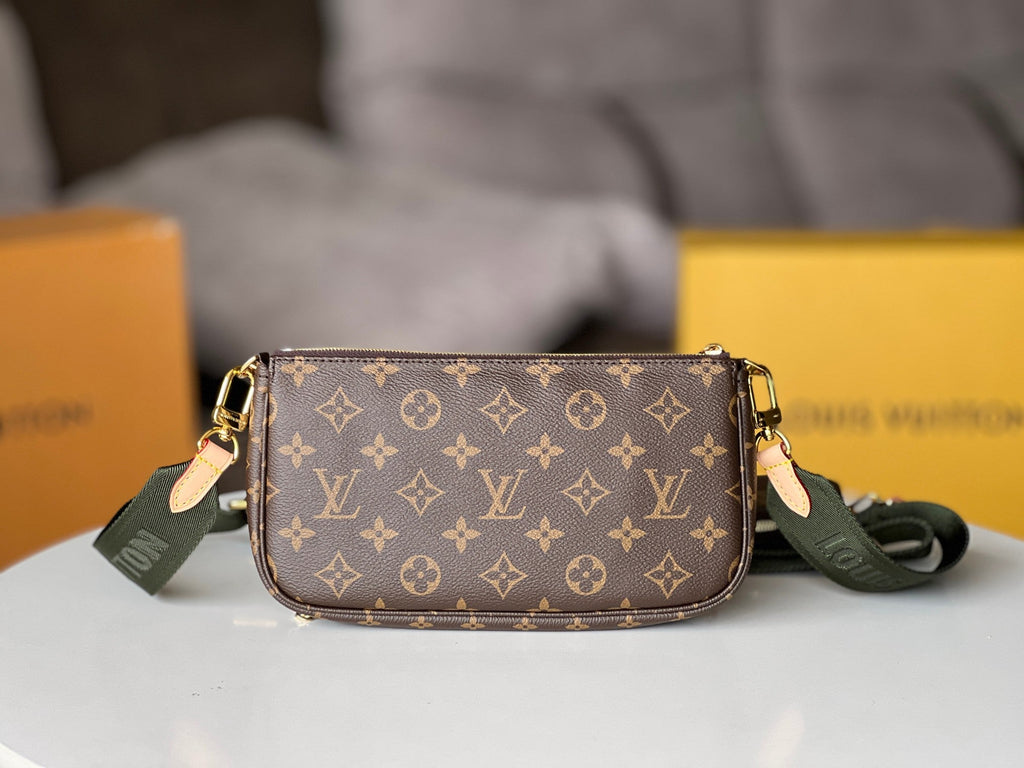 LV 25S MULTI POCHETTE ACCESSOIRES 25 IN BROWN MONOGRAM COATED CANVAS GREEN STRAP