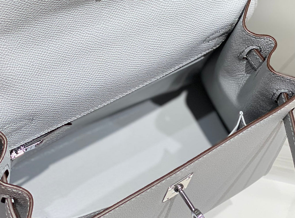 ケリー 25cm グリス ペルル エプソム カーフスキン パラジウム金具