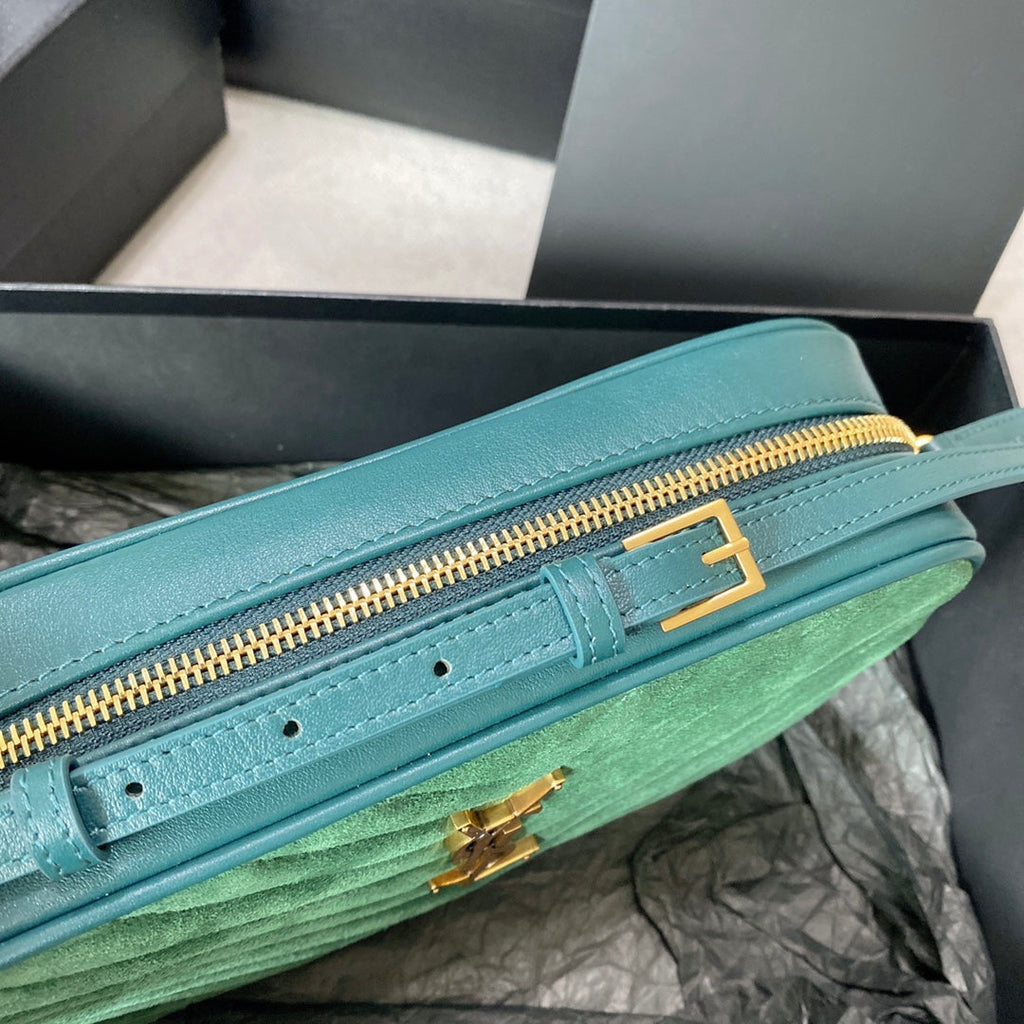 LOU CAMERA BAG 23 IN GREENISH SUEDE AND CALFSKIN TRIM