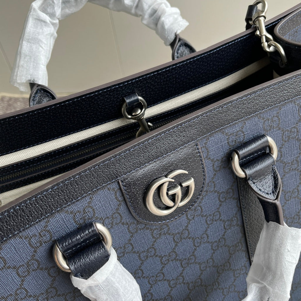 オフィディア ラージトートバッグ 43 ダークブルー＆ブラック GGカーフスキン