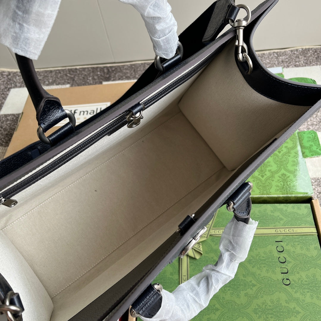 オフィディア ラージトートバッグ 43 ダークブルー＆ブラック GGカーフスキン