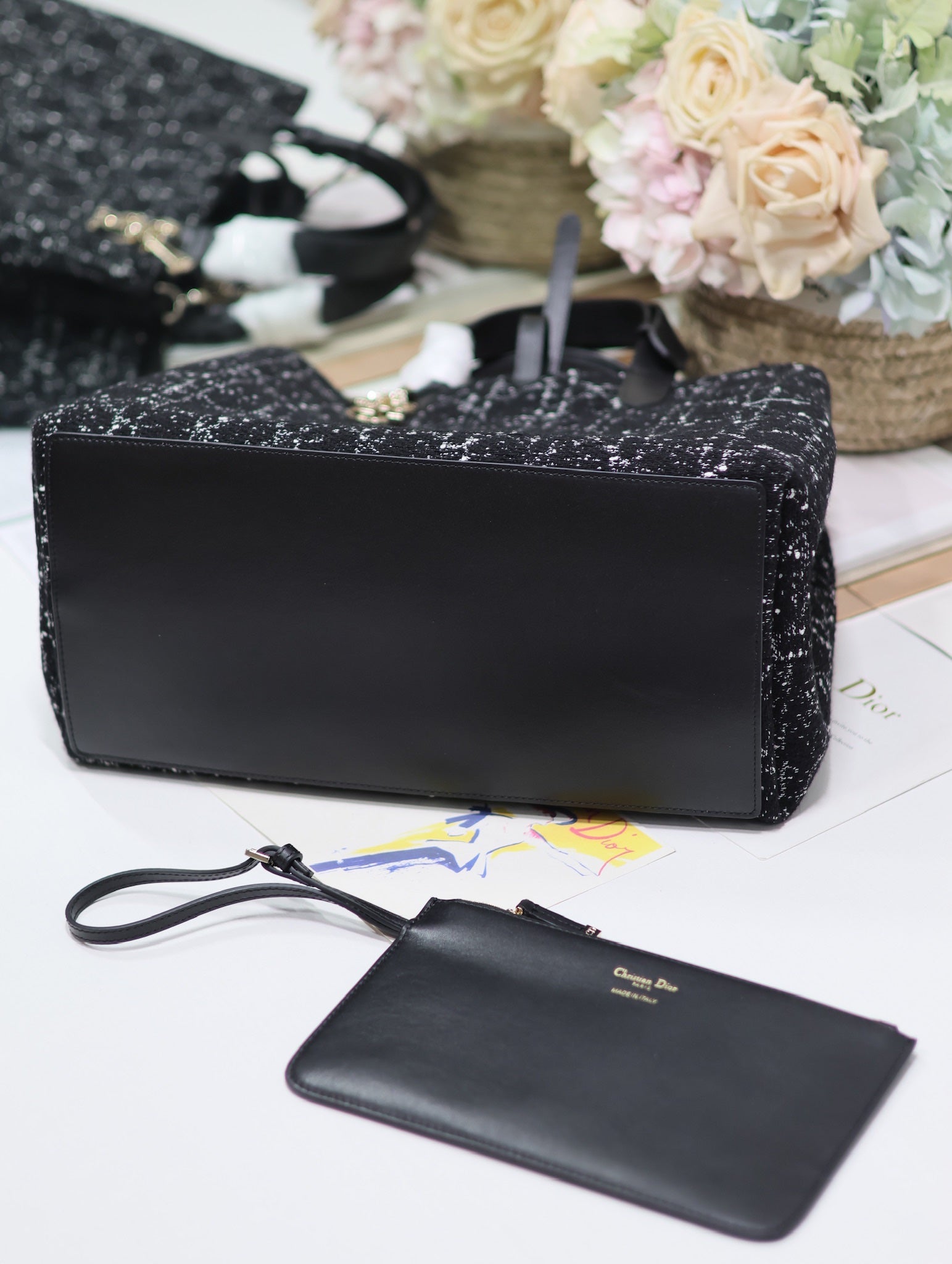 TOUJOURS BAG 37 IN BLACK MIX WHITE CANNAGE TWEED WITH GOLD HARDWARE