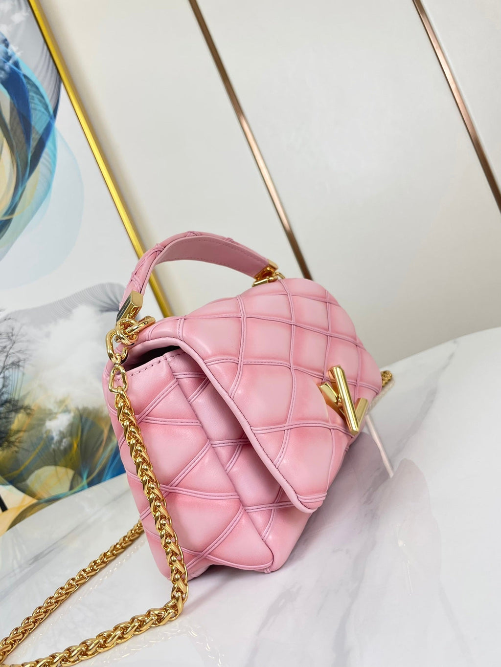 GO-14 MM 23 IN FRAMBOISE QUILTED LAMBSKIN GOLD HARDWARE