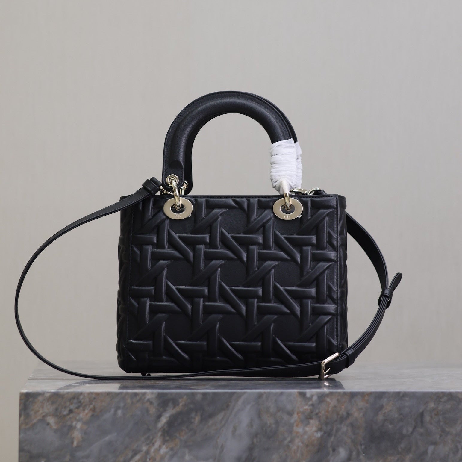 LADY BAG 24 IN BLACK GRAPHIC CANNAGE CALFSKIN PALE GOLD-FINISH METAL CHARMS