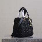 LADY BAG 24 IN BLACK GRAPHIC CANNAGE CALFSKIN PALE GOLD-FINISH METAL CHARMS