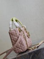 MINI LADY BAG 17 IN BABY PINK QUILTED MACROCANNAGE CALFSKIN SWAMP YELLOW STRAP