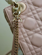 MINI LADY BAG 17 IN BABY PINK QUILTED MACROCANNAGE CALFSKIN SWAMP YELLOW STRAP
