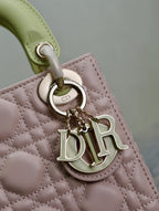 MINI LADY BAG 17 IN BABY PINK QUILTED MACROCANNAGE CALFSKIN SWAMP YELLOW STRAP