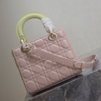 MEDIUM LADY BAG 20 IN BABY PINK QUILTED MACROCANNAGE CALFSKIN SWAMP YELLOW STRAP