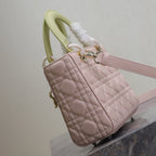 MEDIUM LADY BAG 20 IN BABY PINK QUILTED MACROCANNAGE CALFSKIN SWAMP YELLOW STRAP