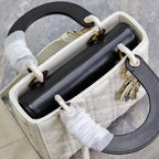 LADY BAG 20 IN WHITE QUILTED MACROCANNAGE CALFSKIN BLACK STRAP