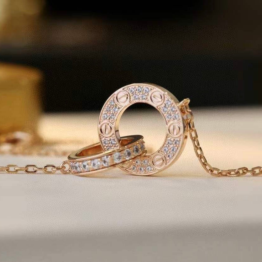 [⭐JeweliWhal]LOVE 7.6MM NECKLACE ROSE GOLD AND SILVER  FULL DIAMOND