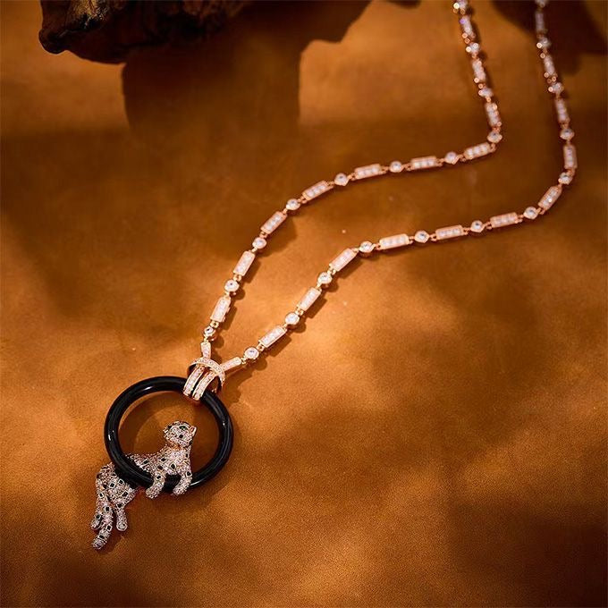 [⭐JeweliWhal jewelrys]NEW BLACK CIRCLE PANTHER FULL DIAMOND NECKLACE