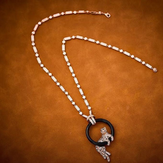 [⭐JeweliWhal jewelrys]NEW BLACK CIRCLE PANTHER FULL DIAMOND NECKLACE