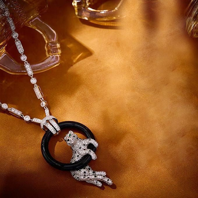 [⭐JeweliWhal jewelrys]NEW BLACK CIRCLE PANTHER FULL DIAMOND NECKLACE