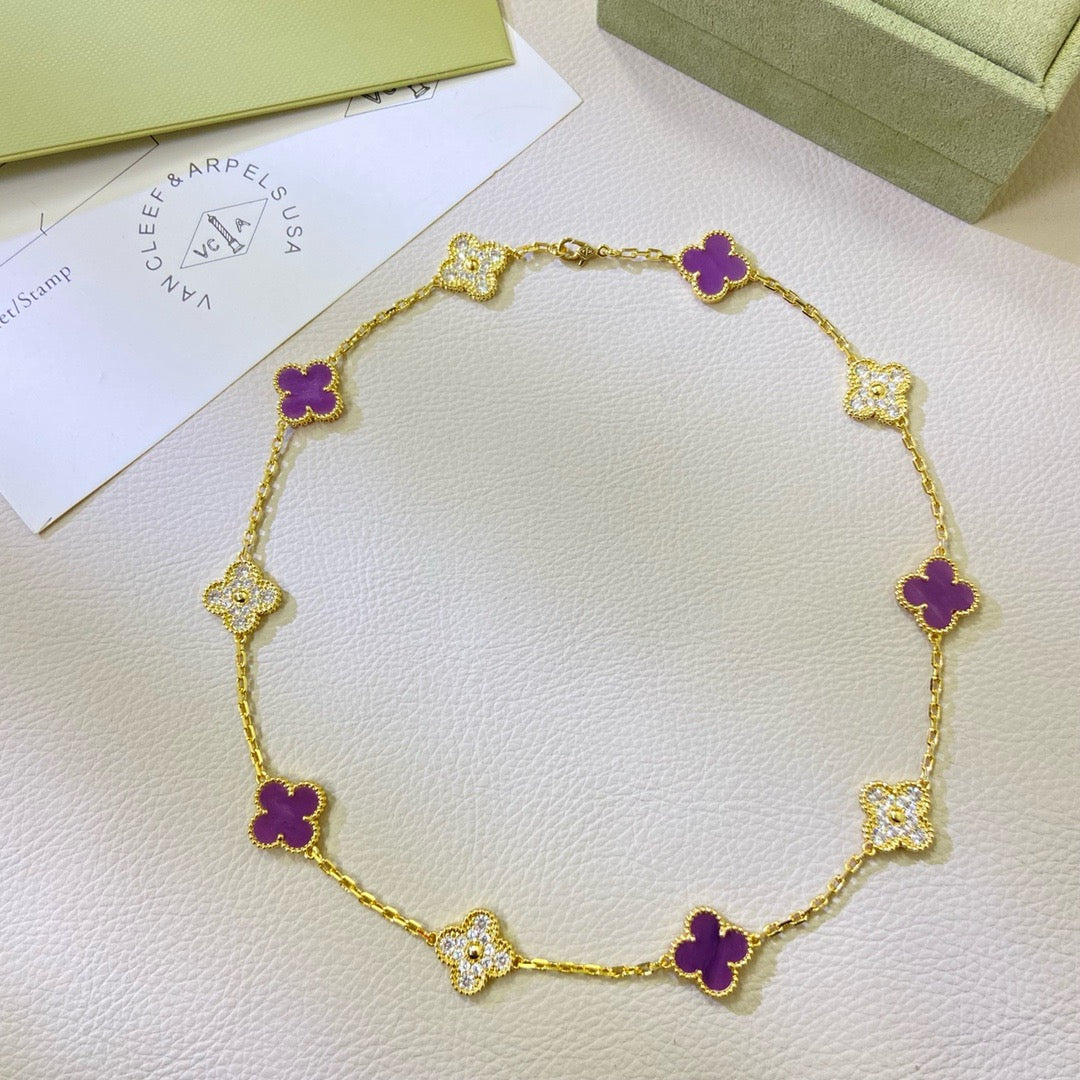[⭐JeweliWhal Jewelry]CLOVER 10 MOTIFS  PURPLE VIOLET DIAMOND NECKLACE