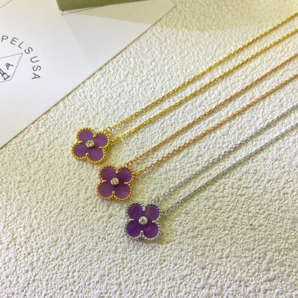 [⭐JeweliWhal Jewelry]CLOVER 15MM DIAMOND  PURPLE VIOLET NECKLACE