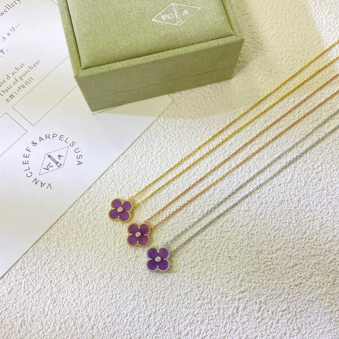 [⭐JeweliWhal Jewelry]CLOVER 15MM DIAMOND  PURPLE VIOLET NECKLACE