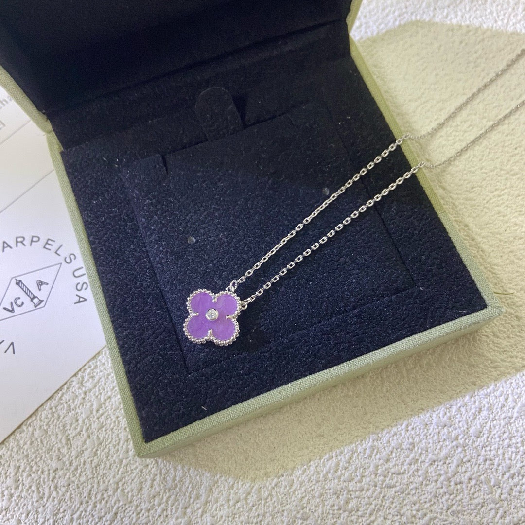 [⭐JeweliWhal Jewelry]CLOVER 15MM DIAMOND  PURPLE VIOLET NECKLACE