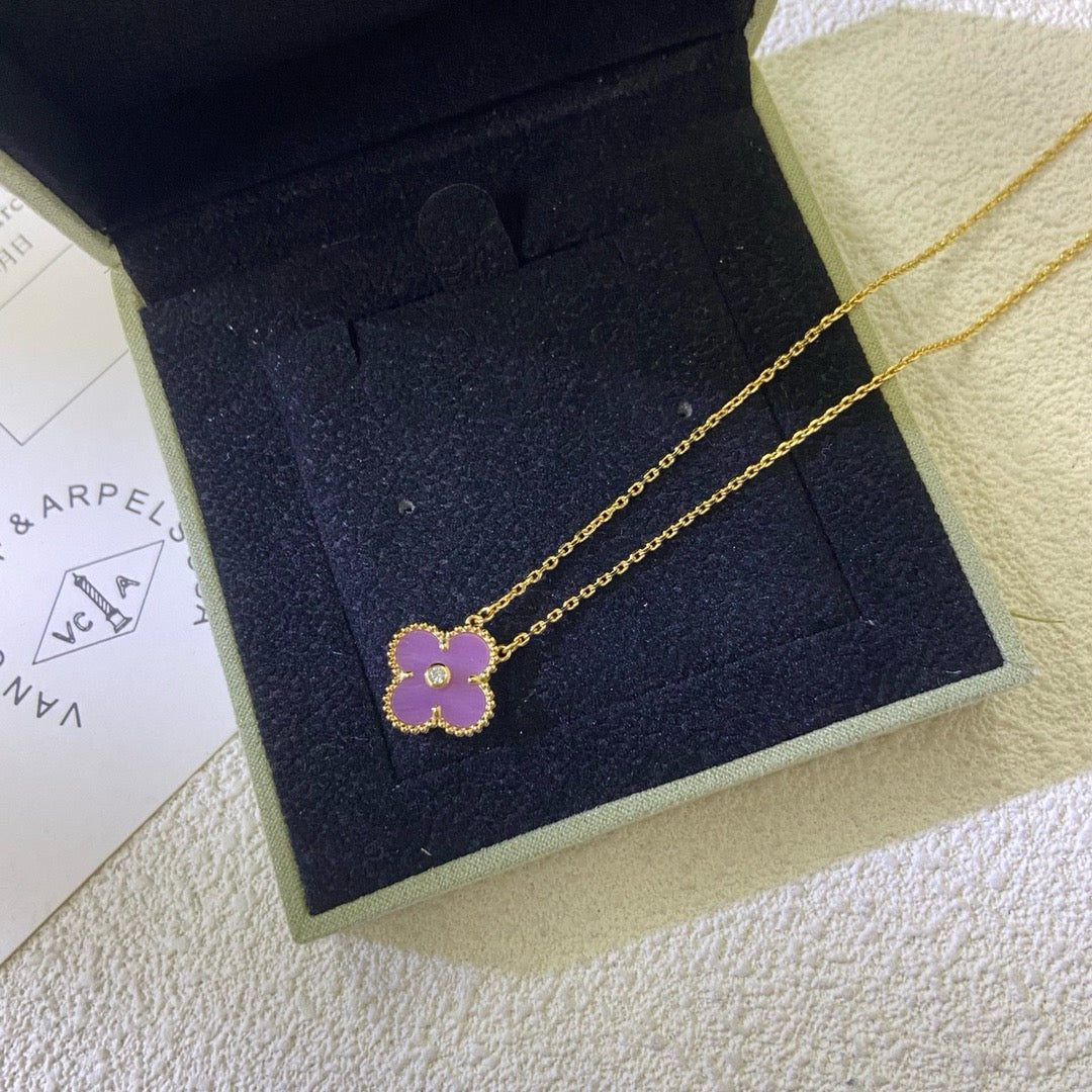 [⭐JeweliWhal Jewelry]CLOVER 15MM DIAMOND  PURPLE VIOLET NECKLACE