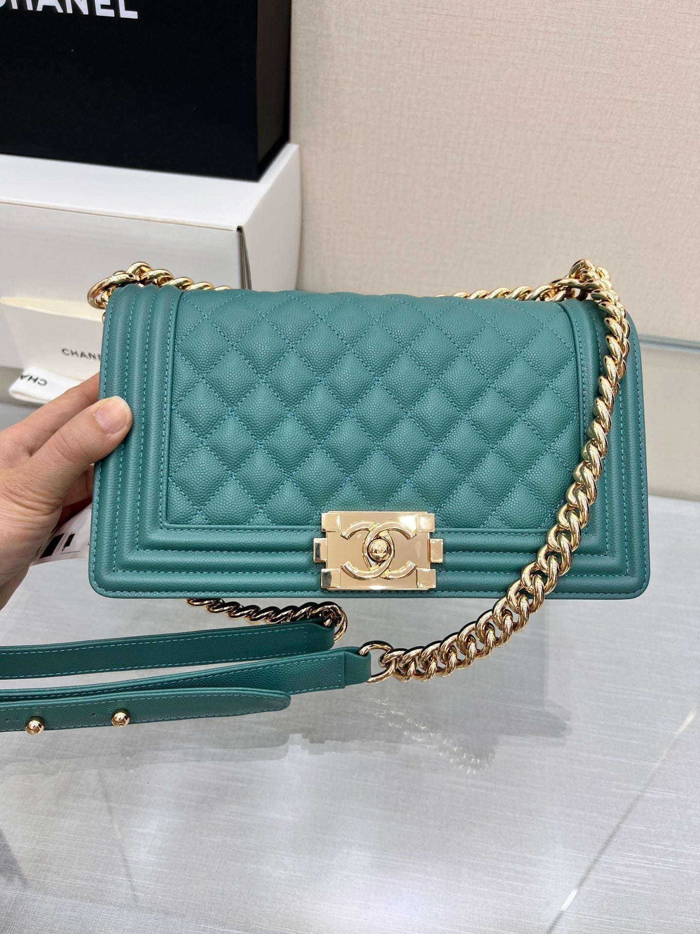 ボーイズバッグ ミディアム 25 エバーグリーン キャビア ゴールドハードウェア