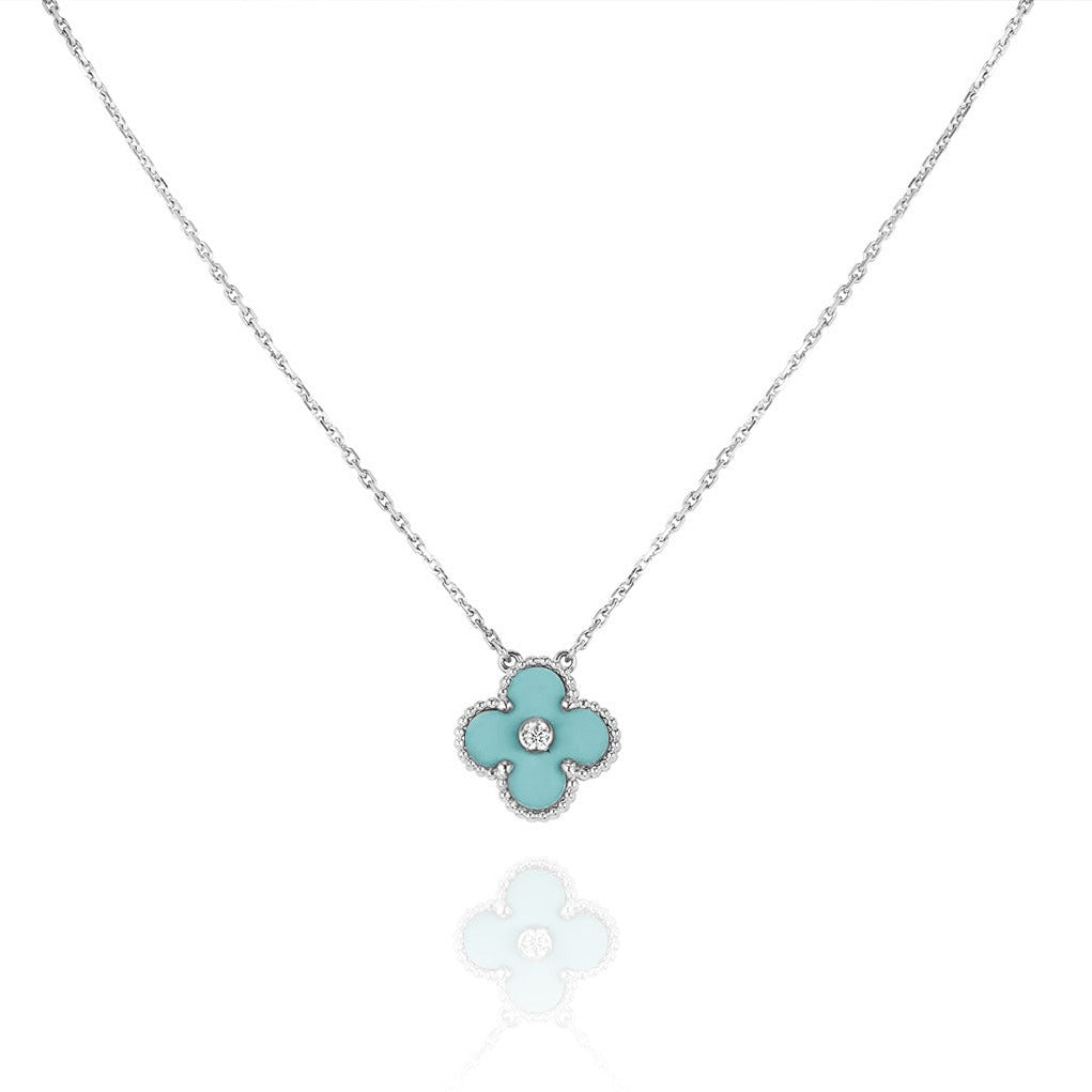 [⭐JeweliWhal]CLOVER 1 DIAMOND LIGHT BLUE SILVER NECKLACE
