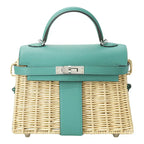KELLY 20CM JAUNE DE NAPLES SWIFT IN TURQUOISE LEATHER AND WICKER SILVER HARDWARE